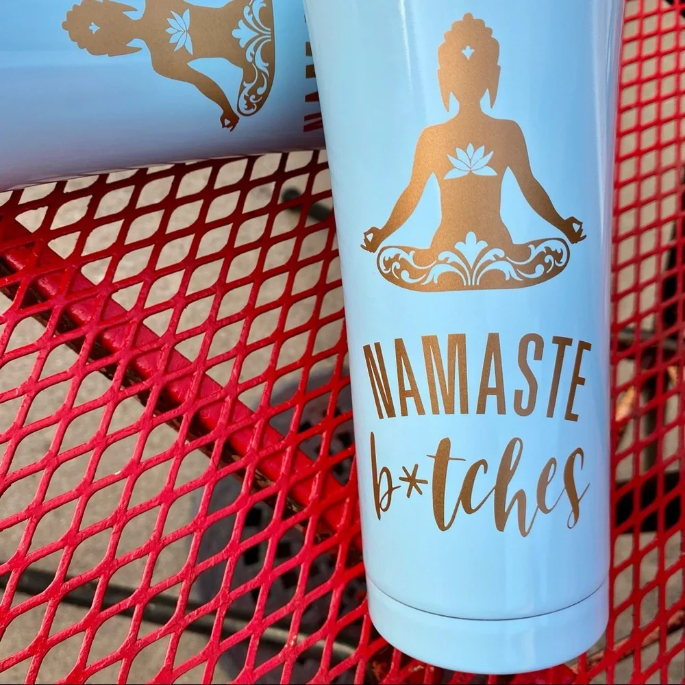 Baby Blue Tumbler, Namaste. Convenient lid that flips open and closed.